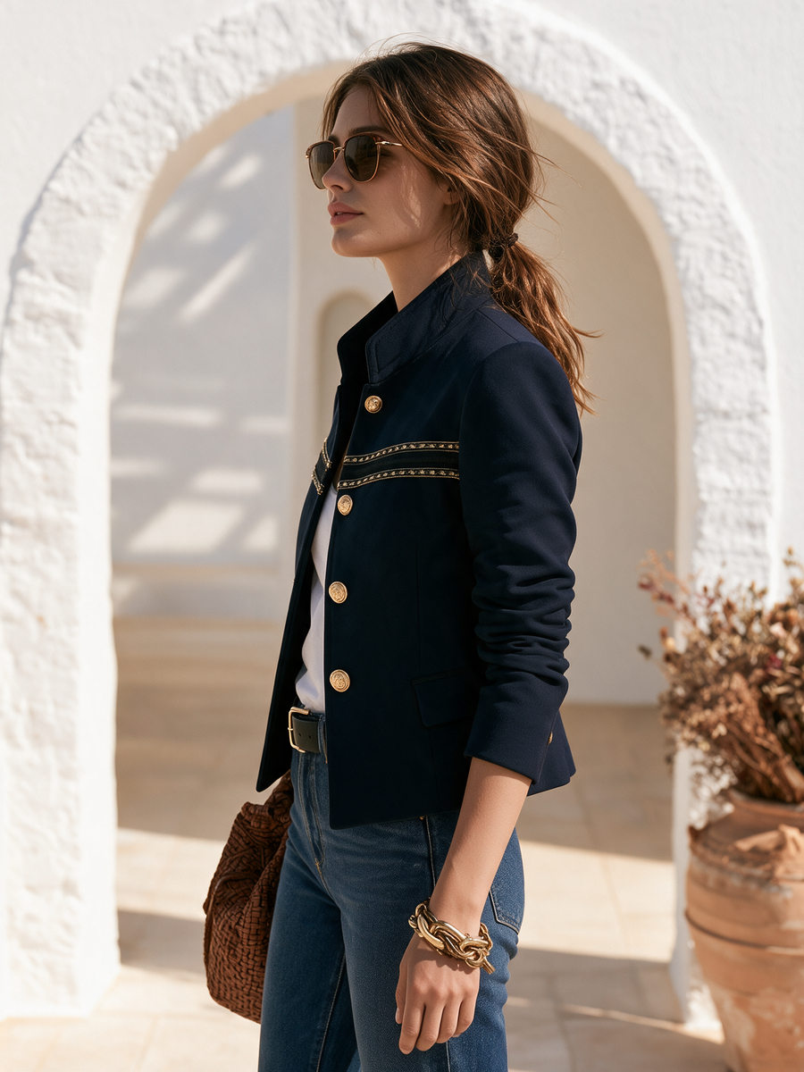 MAENZA - Blazer blu navy con revers e bottoni dorati