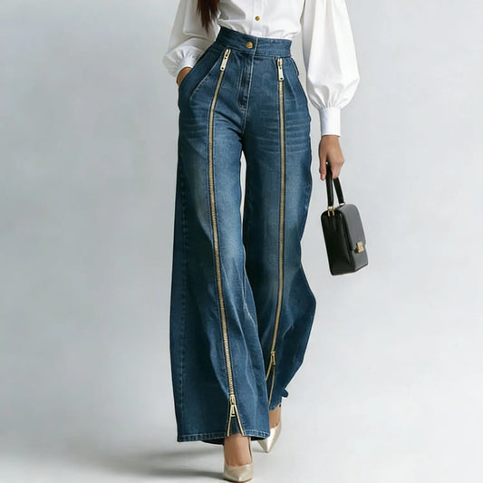 CLEMENZA - Jeans wide leg blu con zip e tasche laterali — foto 2