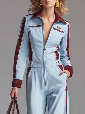 PIANTEDO - Tuta in cotone azzurra colorblock con zip e gamba ampia