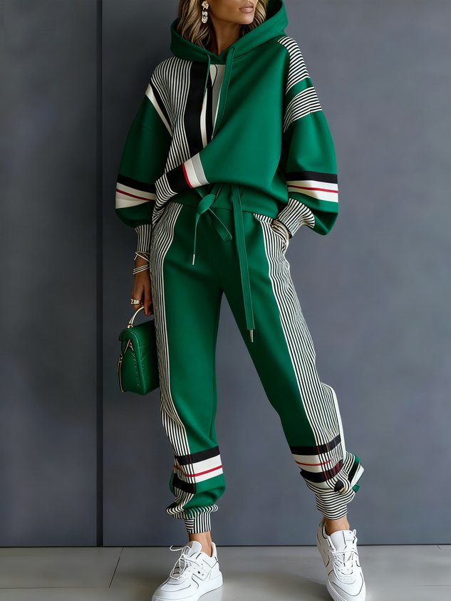 Color blocked hooded casual hoodie and pants set