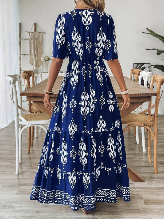 BEATRICE - Abito Maxi Blu Boho con Scollo a V