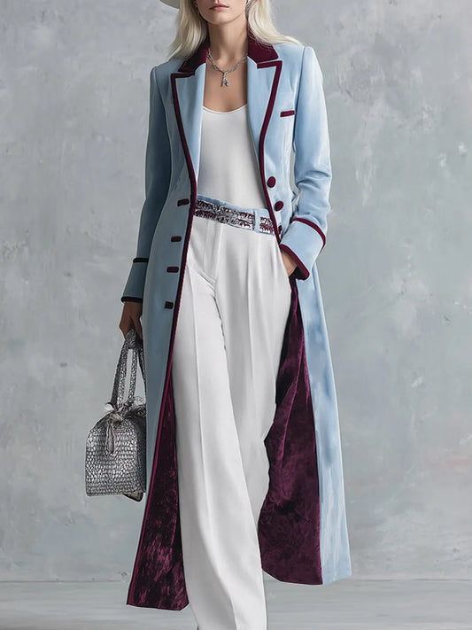 GAVIRATE - Cappotto in velluto blu ghiaccio bicolore con profili a contrasto