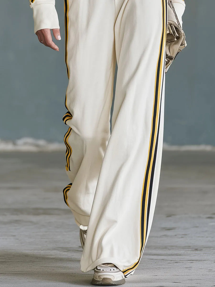 Casual Retro Color-blocked Woven Beige Stand-collar Cotton Top And Pants Set