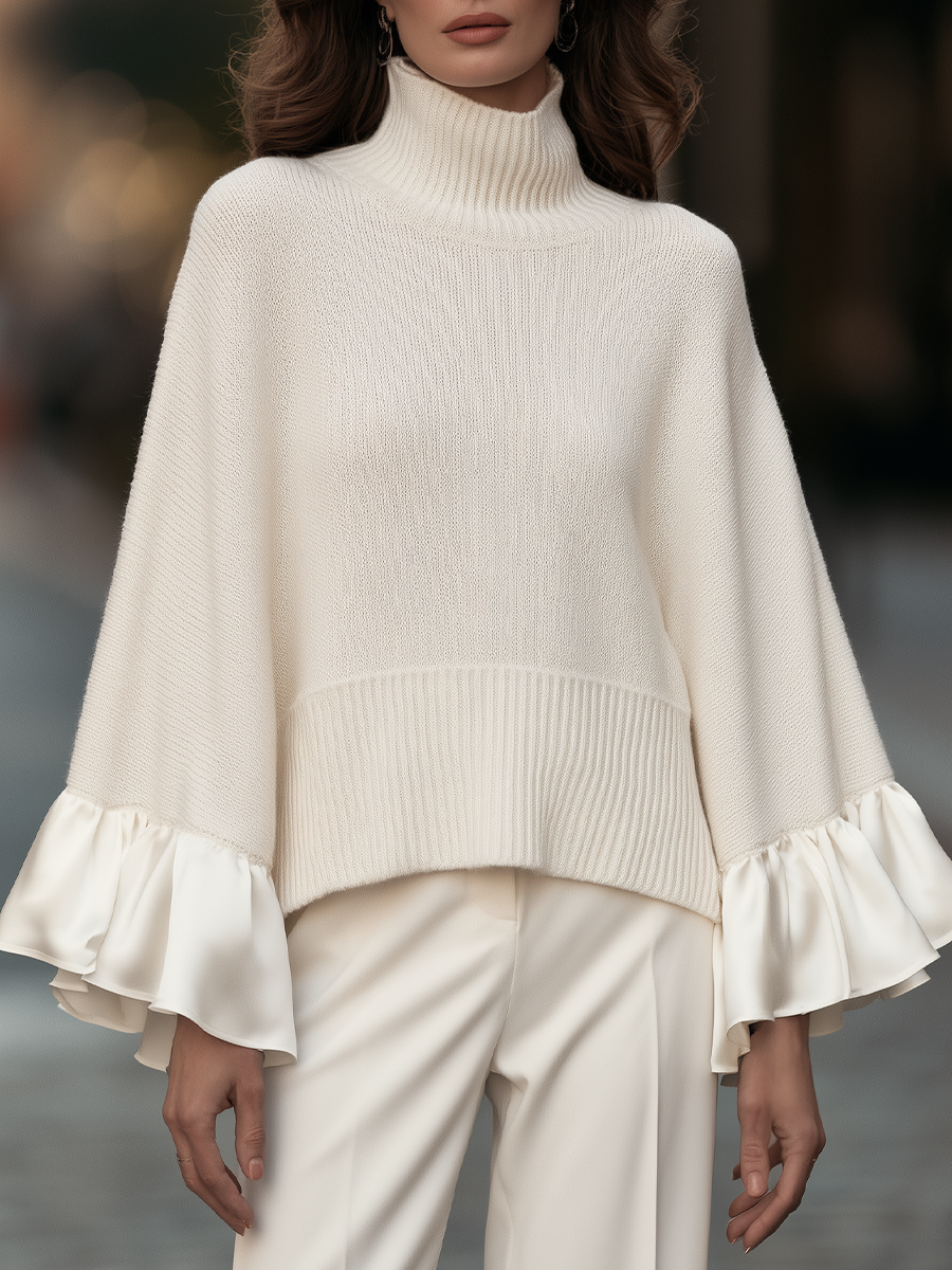 GROSIO - Maglia oversize avorio con collo alto e polsini a volant in raso