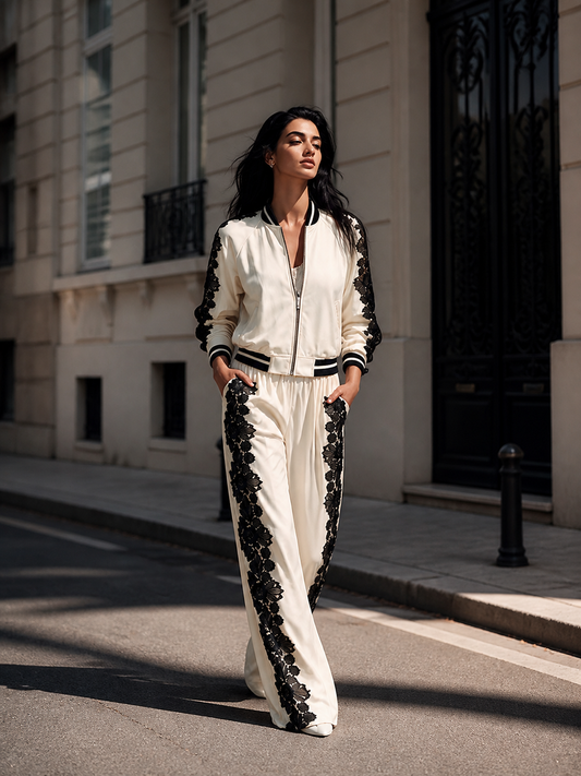 CLETO - Set bianco con top corto e pantaloni ampi in pizzo