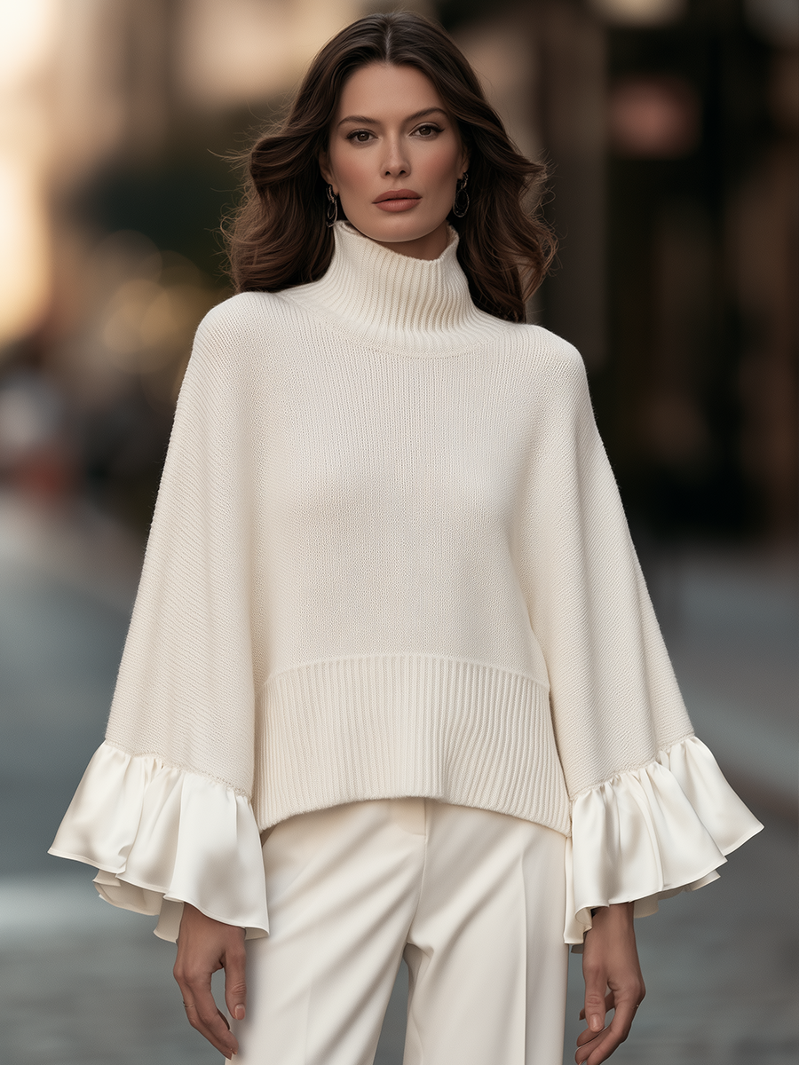 GROSIO - Maglia oversize avorio con collo alto e polsini a volant in raso