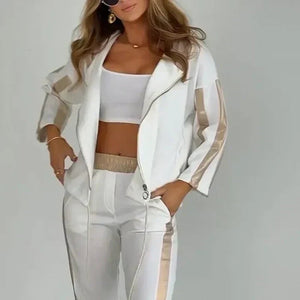 ANDALO - Tuta donna bianca o marrone con cappuccio rigato e coulisse