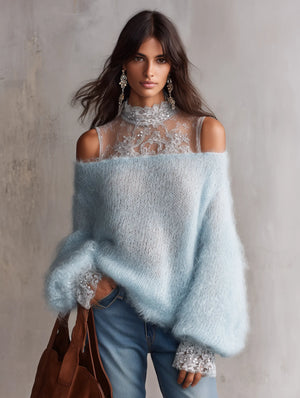 GROSOTTO - Maglia blu in mohair soffice con pizzo off-shoulder