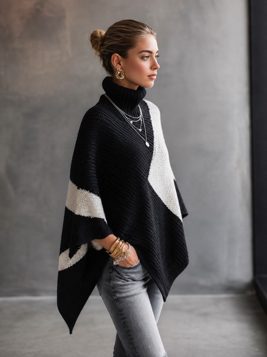 EMILIA - Poncho dolcevita colorblock nero in maglia