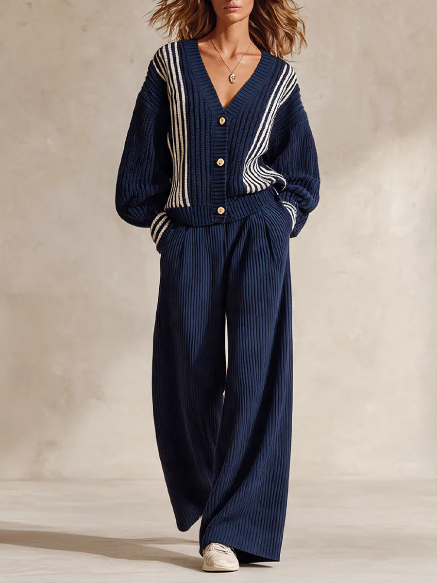 MAREBBE - Set due pezzi in maglia a coste blu a righe