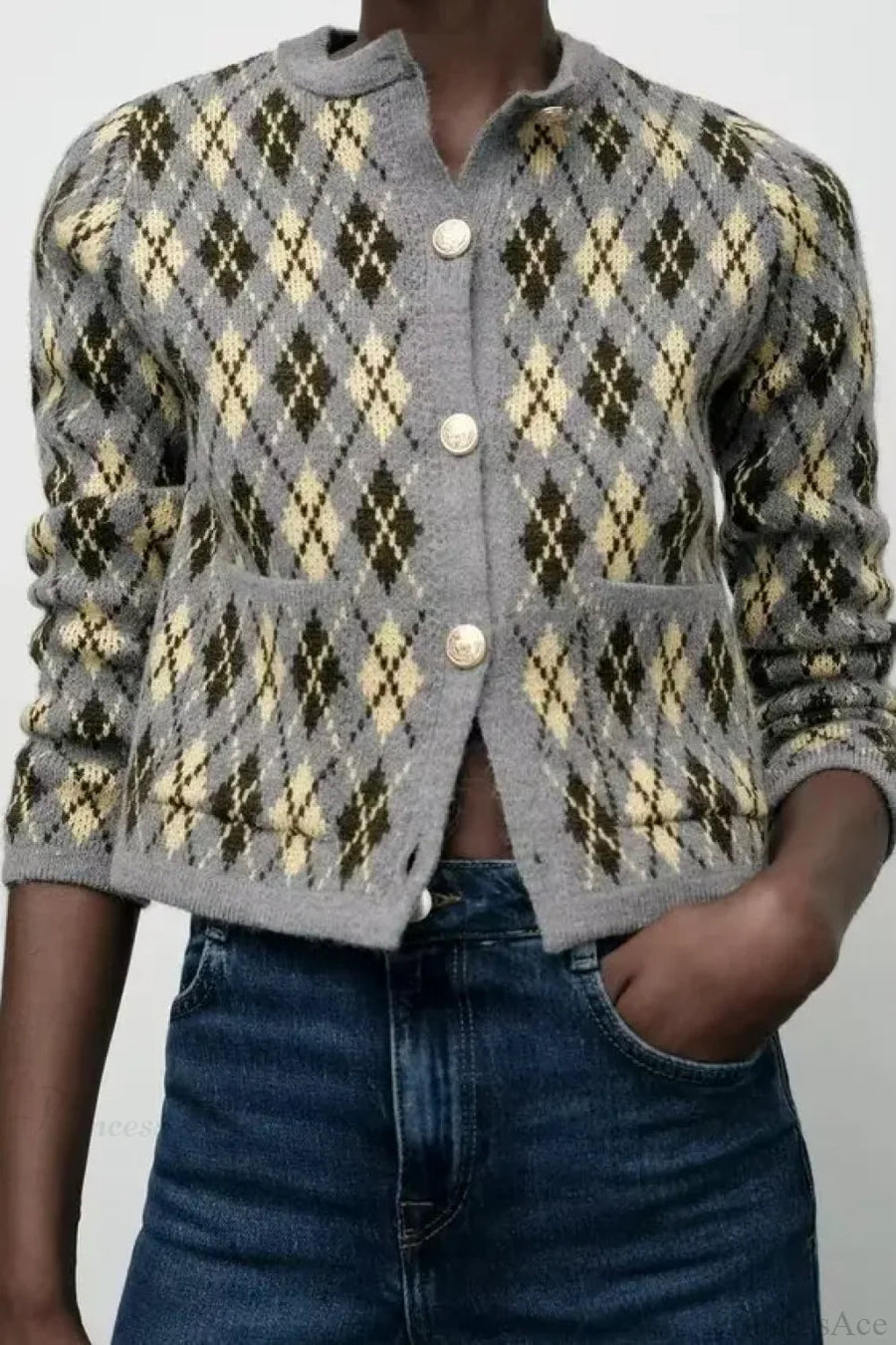 ANGHIARI - Cardigan in maglia a rombi con scollo tondo