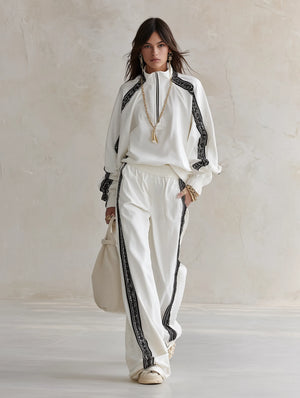 MOLISE - Completo bianco con zip e pantaloni ampi a contrasto