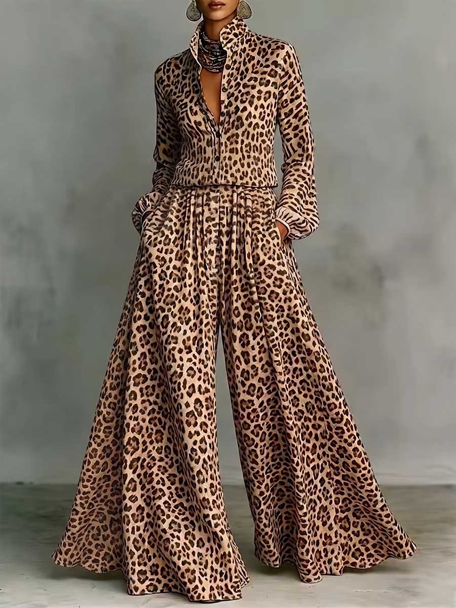 BLEVIO - Set due pezzi leopardato con camicia e pantaloni ampi
