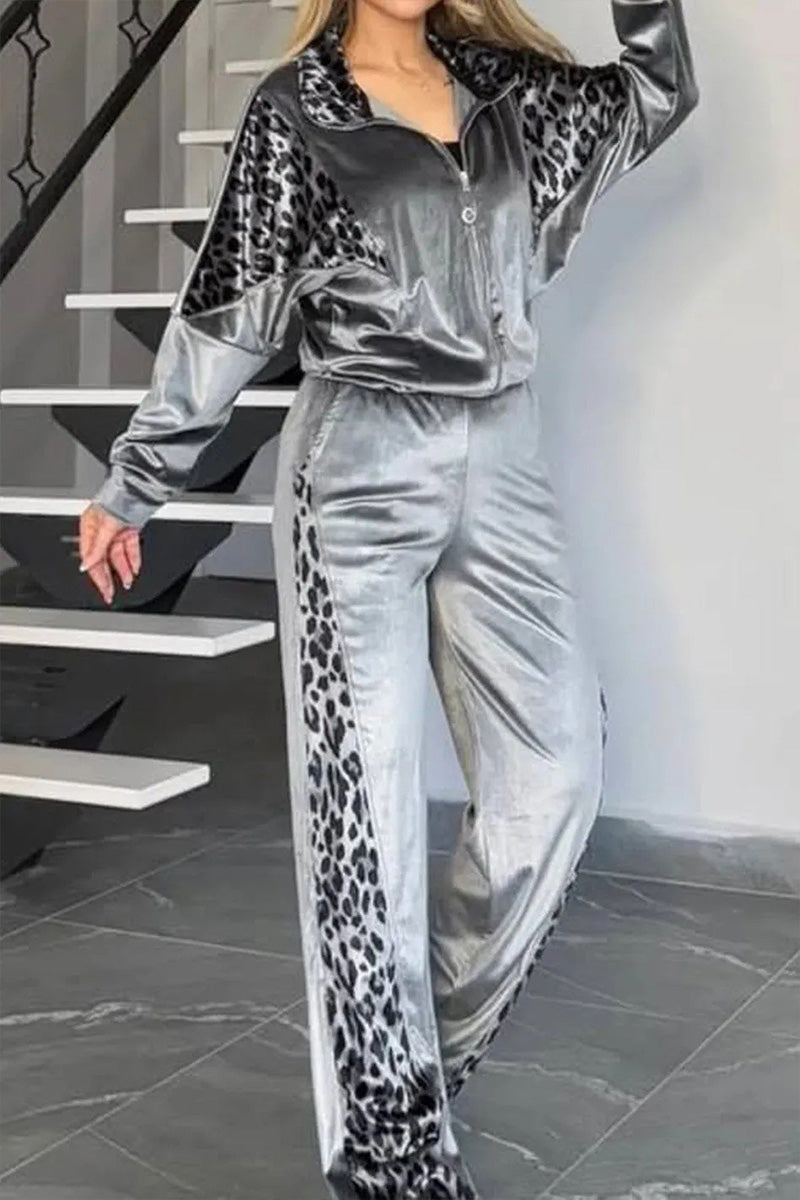 Lady Leopard Print Homewear Jacket+ Trousers Set