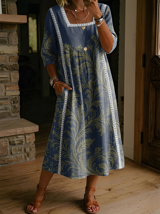 CLAVIERE - Abito Folk con Scollo Quadrato