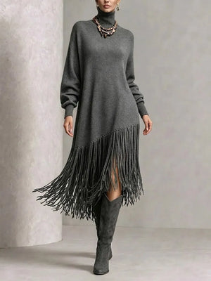 VITTUONE - Abito midi oversize in maglia con frange diagonali e collo alto