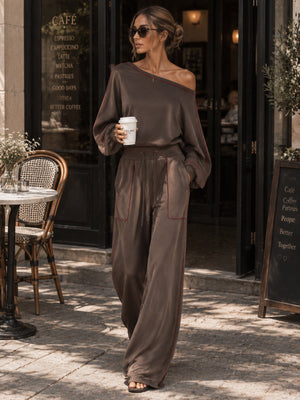FONTE - Completo marrone asimmetrico con pantaloni wide leg