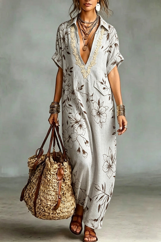 BALMUCCIA - Women's Bohemian Print Embroidered V-neck Cotton And Linen Maxi Dress