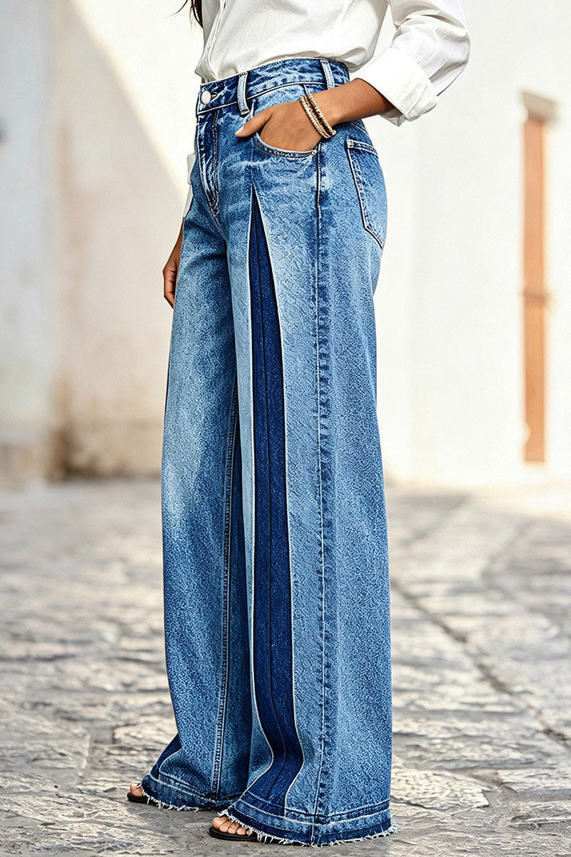 GAGLIOLE - Jeans wide leg blu medio a vita media con pannelli a contrasto e orlo grezzo