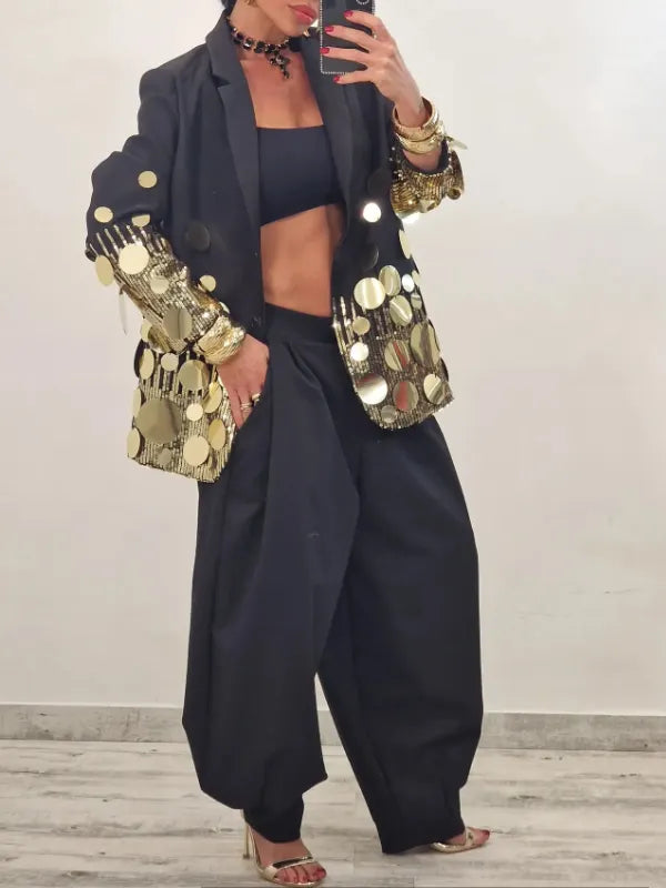 MARCELLA - Blazer nero con maxi dischi dorati e paillettes