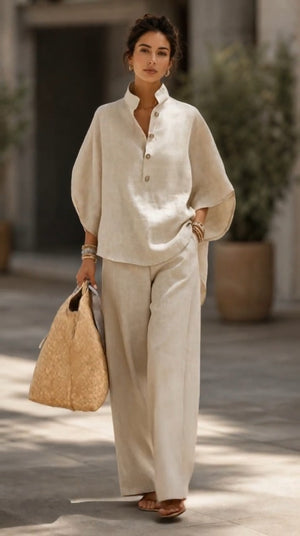 GRAZIANA - Completo in cotone e lino, maniche ampie e pantalone palazzo
