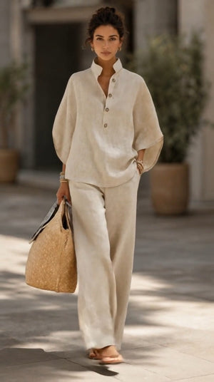 GRAZIANA - Completo in cotone e lino, maniche ampie e pantalone palazzo