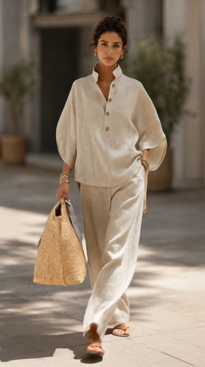 GRAZIANA - Completo in cotone e lino, maniche ampie e pantalone palazzo