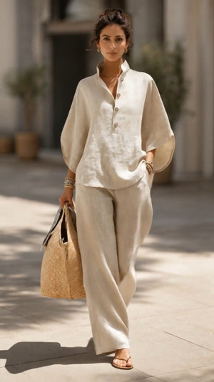 GRAZIANA - Completo in cotone e lino, maniche ampie e pantalone palazzo