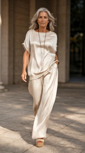 ANGELICA - Completo satinato elegante in bianco, nero, grigio e beige