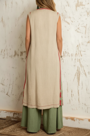 TEODORA - Gilet lungo in lino con bordi decorativi ricamati