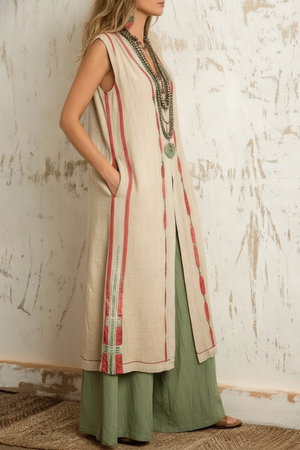 TEODORA - Gilet lungo in lino con bordi decorativi ricamati