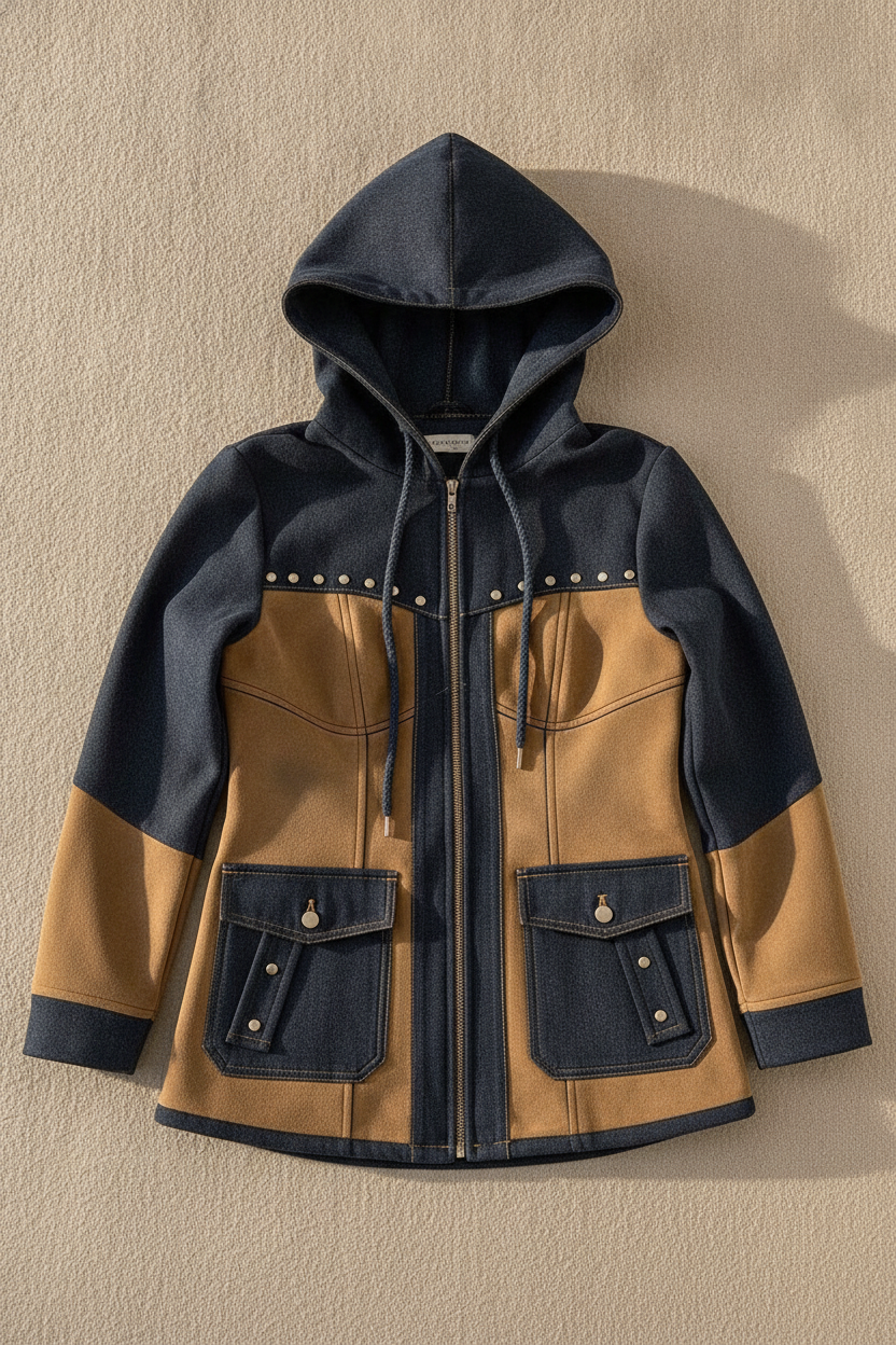 PIANENGO - Giacca con cappuccio blu navy e cammello a contrasto