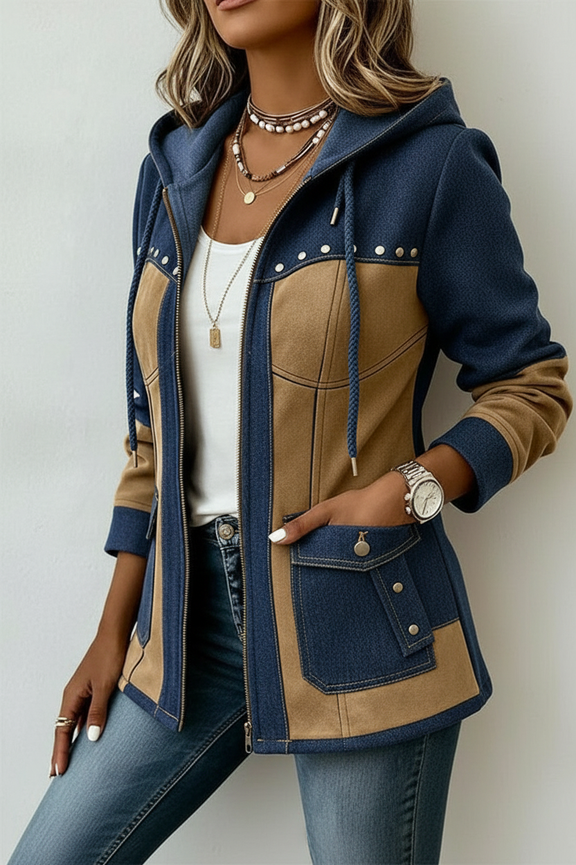 PIANENGO - Giacca con cappuccio blu navy e cammello a contrasto