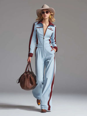 PIANTEDO - Tuta in cotone azzurra colorblock con zip e gamba ampia