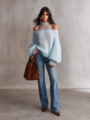GROSOTTO - Maglia blu in mohair soffice con pizzo off-shoulder