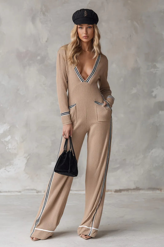 Women's Beige Ribbed Knit Jumpsuit with Contrast Trim