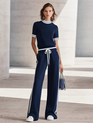 GHEDI - Set due pezzi blu navy con top girocollo e pantaloni ampi