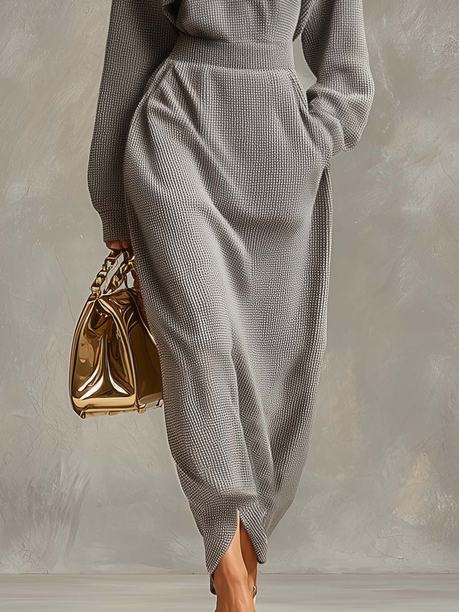 SAREZZANO - Abito maxi grigio con zip e colletto casual