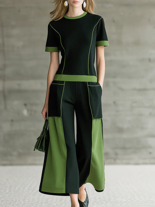 GENOVEFFA - Completo donna color block con pantaloni palazzo a nove sezioni