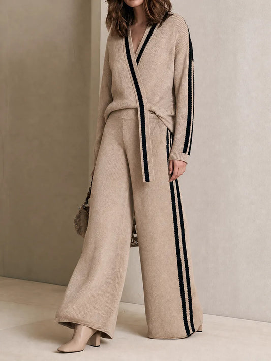 Women's Striped Knit Beige Black Pants Set MDZ0144I6YZJ