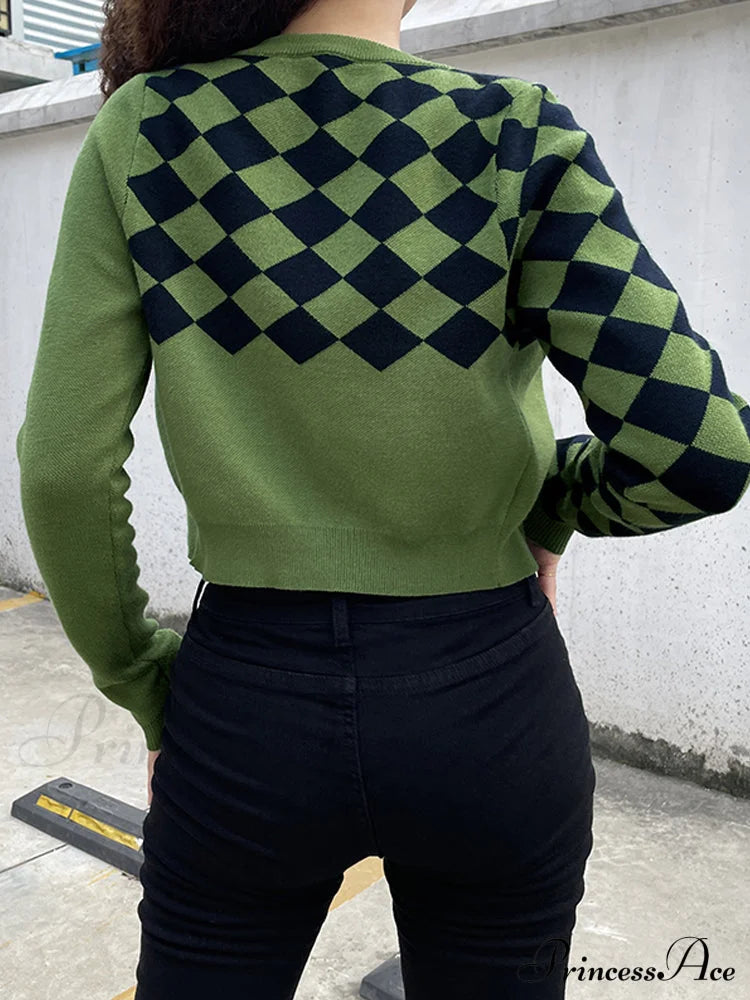 ISOLDE - Cardigan corto verde a quadri in maglia