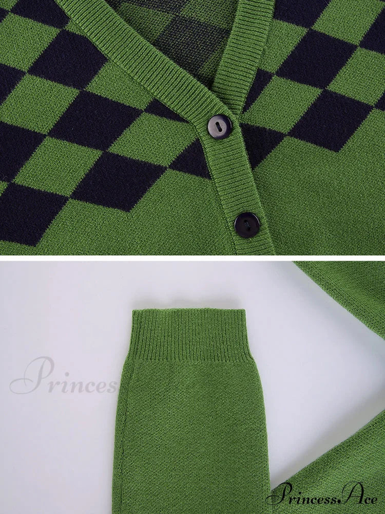 ISOLDE - Cardigan corto verde a quadri in maglia