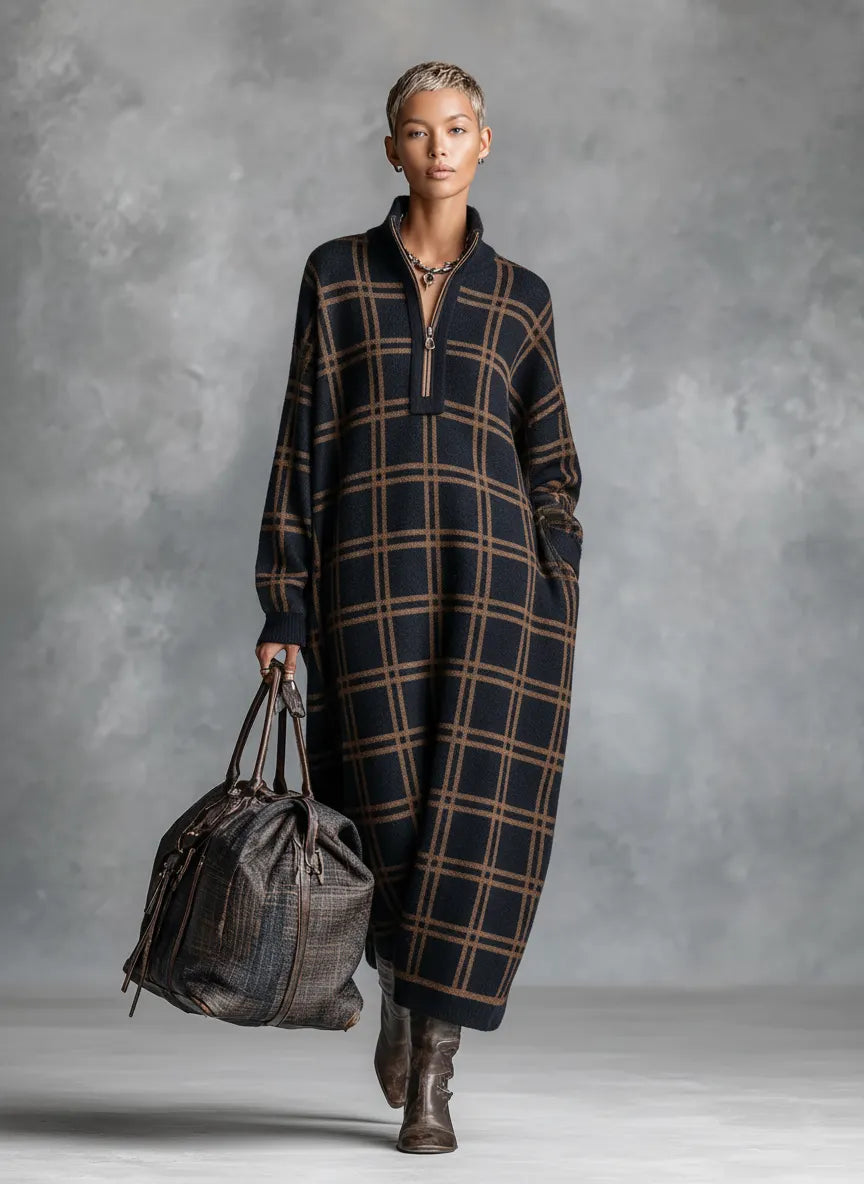 ABBATEGGIO - Abito maxi in maglia a quadri con collo zip
