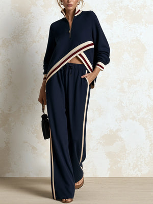VESIME - Tuta Blu Due Pezzi con Righe a Contrasto e Mezza Zip