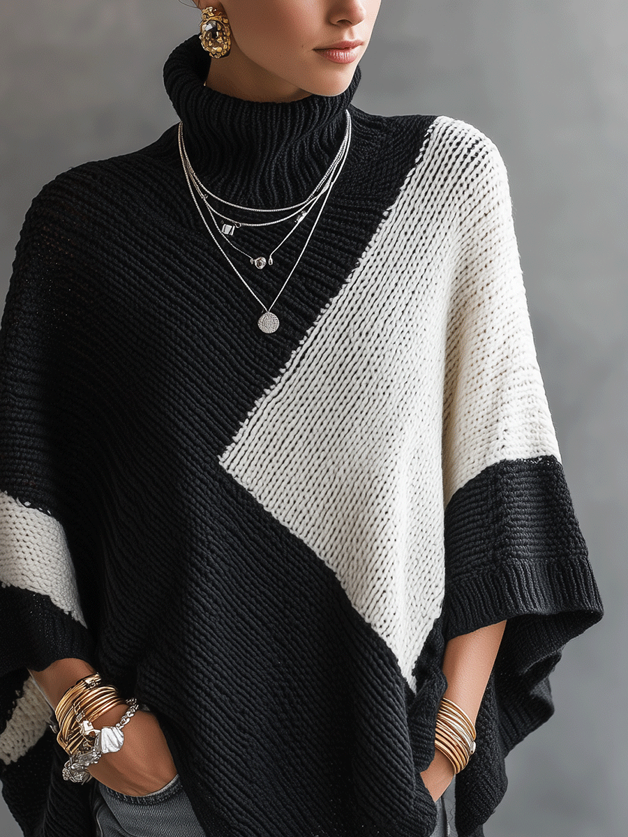 EMILIA - Poncho dolcevita colorblock nero in maglia