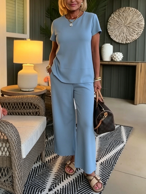 LUDOVICA - Coordinato due pezzi con pantaloni wide leg blu navy