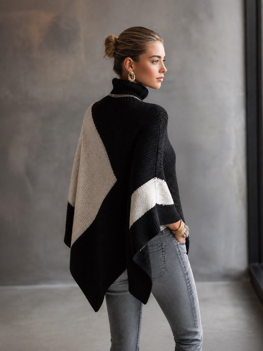 EMILIA - Poncho dolcevita colorblock nero in maglia