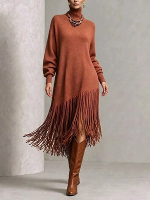 VITTUONE - Abito midi oversize in maglia con frange diagonali e collo alto