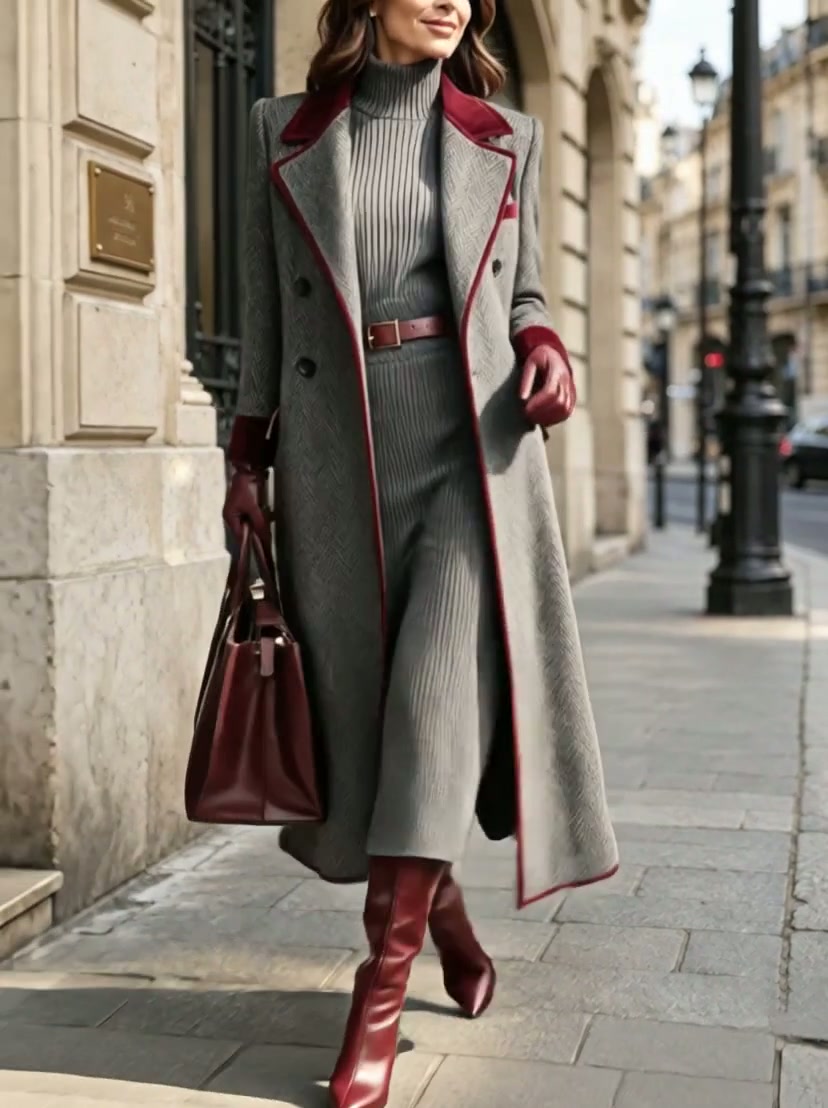 NONE - Cappotto lungo grigio in misto lana spigato