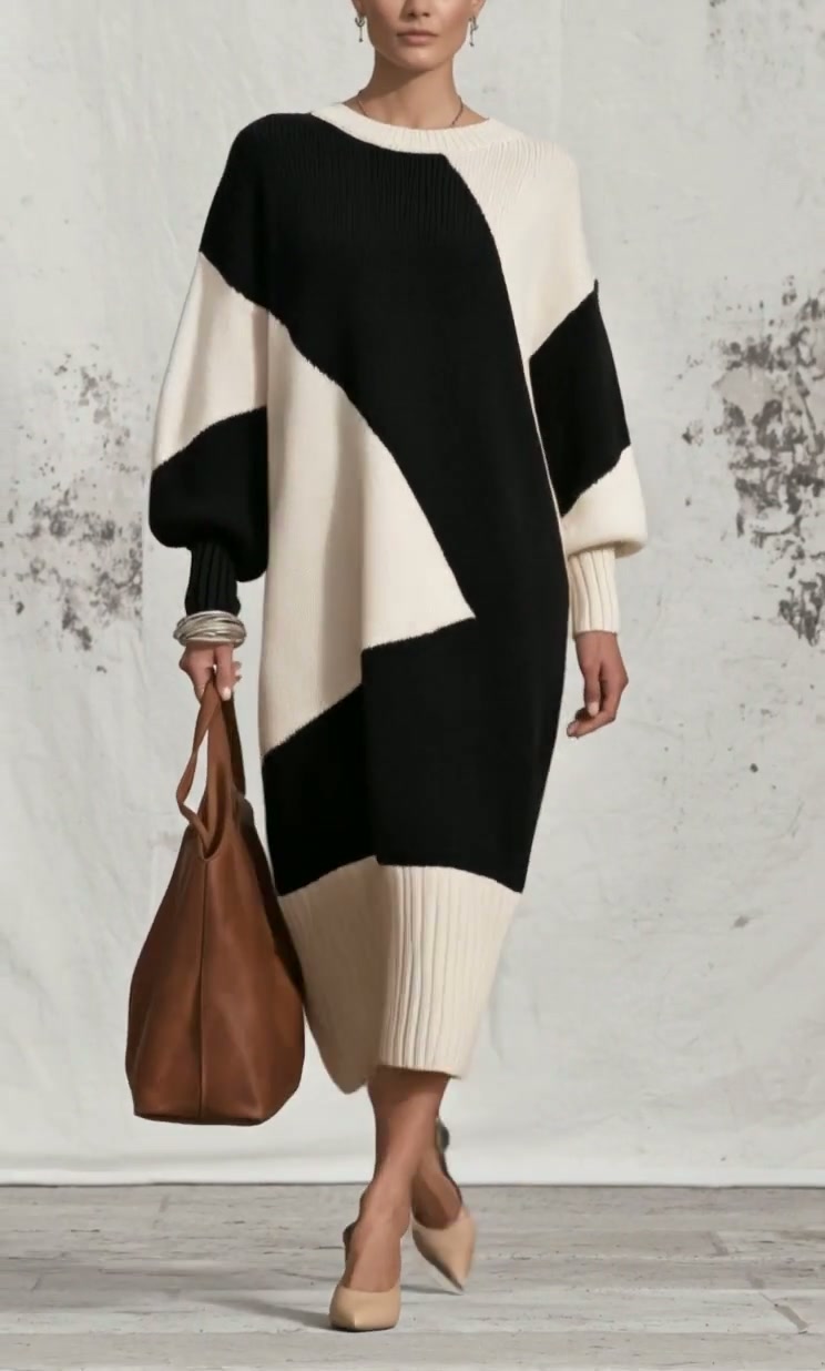 MONTOTTONE - Abito midi in maglia bianco e nero con maniche balloon